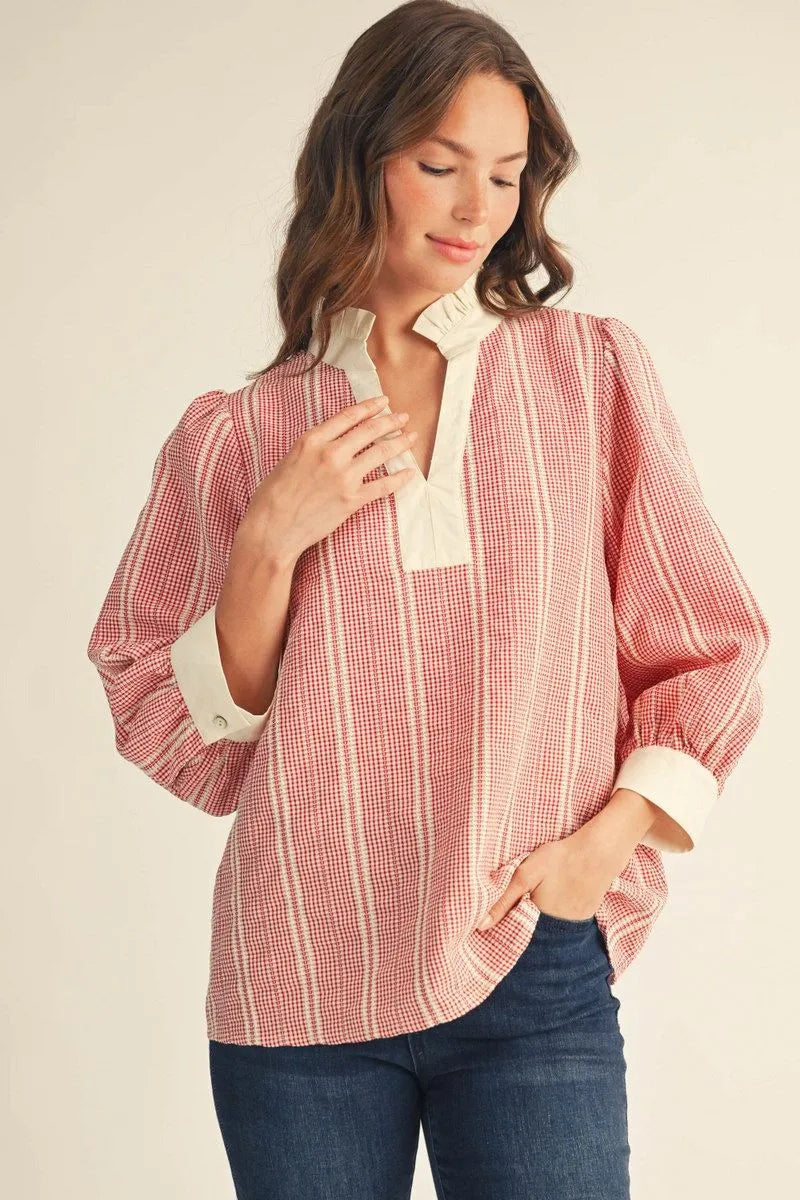 Jodifl Gingham 3/4 Sleeve Top In Red