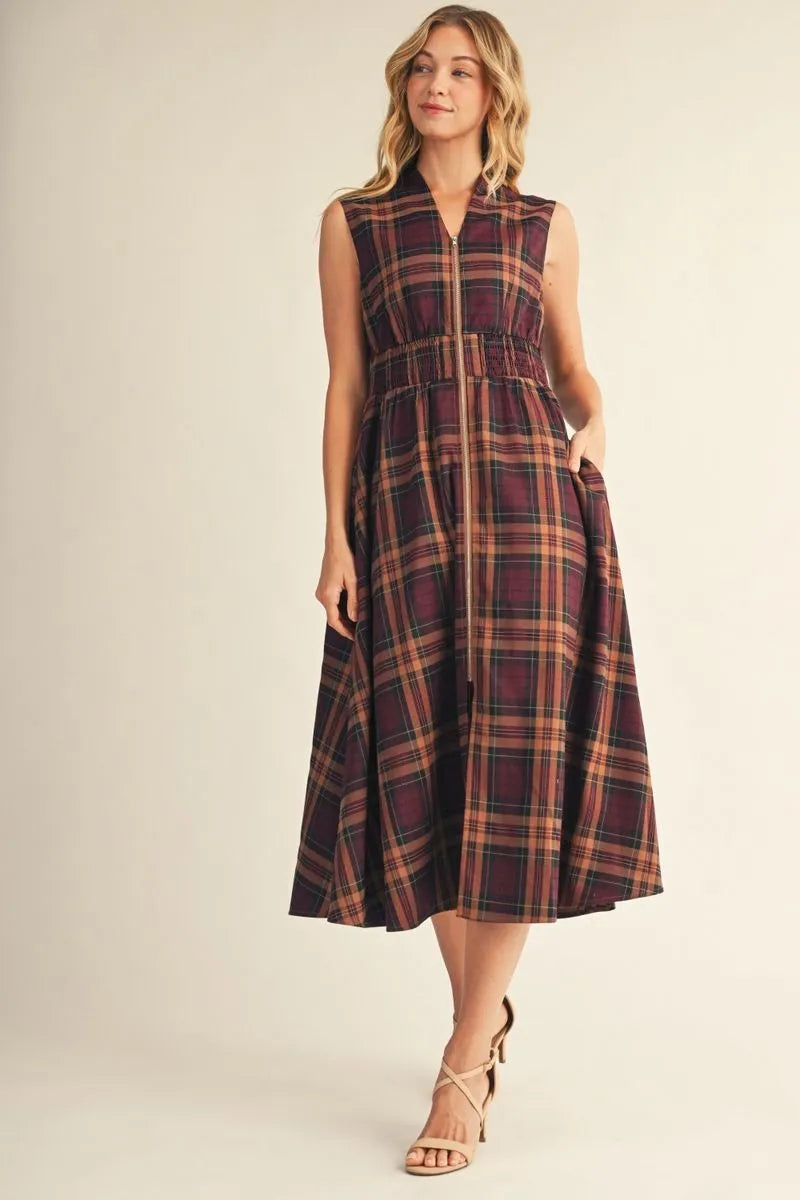 Jodifl Sleeveless Front Zip Plaid Midi Dress In Brown *COMING SOON*