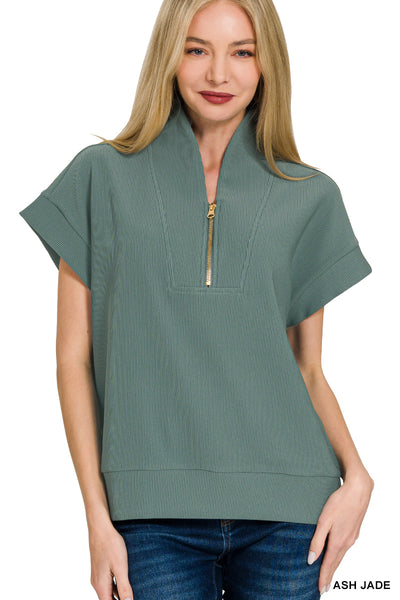 Zenana Ribbed High Neck Half Zip Top