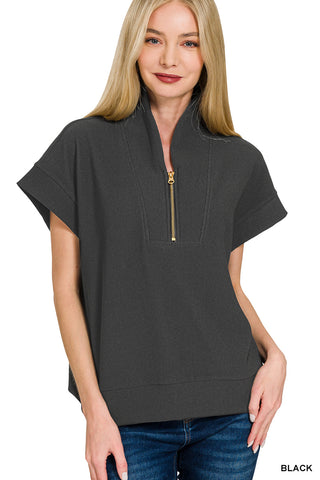 Zenana Ribbed High Neck Half Zip Top