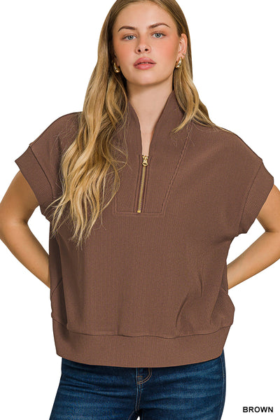 Zenana Ribbed High Neck Half Zip Top