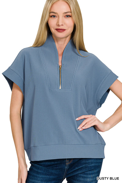Zenana Ribbed High Neck Half Zip Top