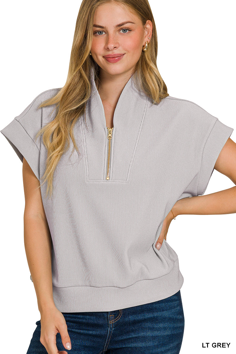 Zenana Ribbed High Neck Half Zip Top