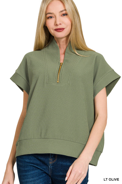 Zenana Ribbed High Neck Half Zip Top