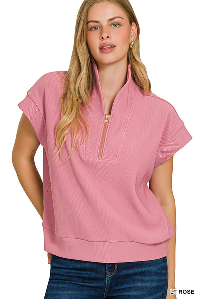 Zenana Ribbed High Neck Half Zip Top