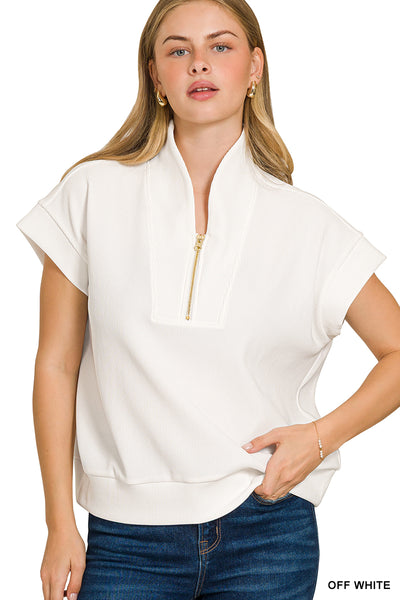 Zenana Ribbed High Neck Half Zip Top