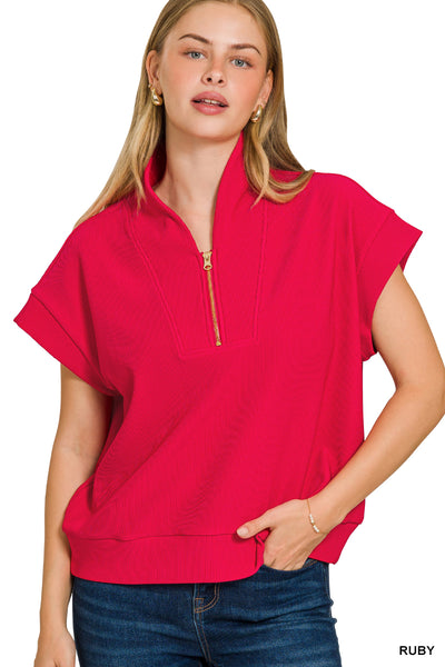 Zenana Ribbed High Neck Half Zip Top