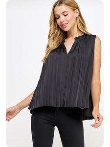 Strut & Bolt- Pleated Sleeveless Satin Top Black