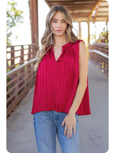 Strut & Bolt- Pleated Sleeveless Satin Top Tango Red