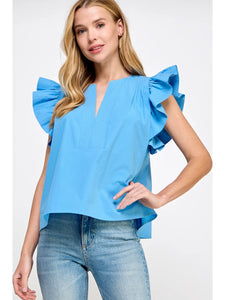 Strut & Bolt- Flutter Ruffle Sleeve Poplin Top Azure Blue