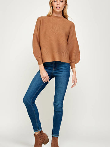 Ellison- Balloon Sleeve Mock Neck Sweater Camel