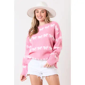 Peach Love California- Loose Fit Acrylic Sweater PINK/WHITE