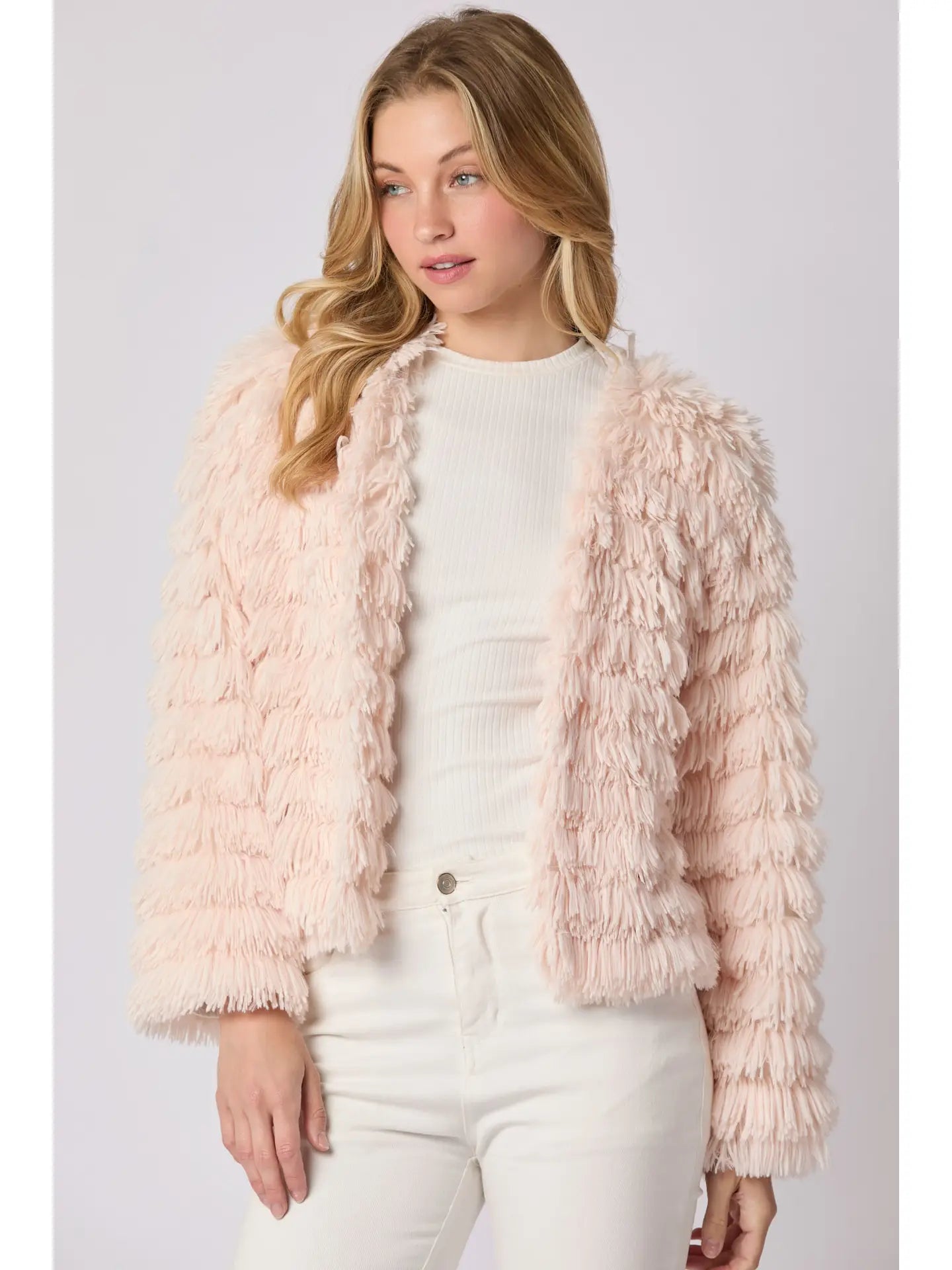 Peach Love California- Front Open Long Sleeve Fur Jacket BABY PINK