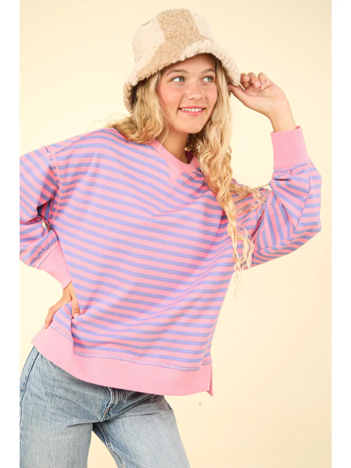 VERY J-Stripe Comfy Casual Oversized Knit Top PINK/PURPLE