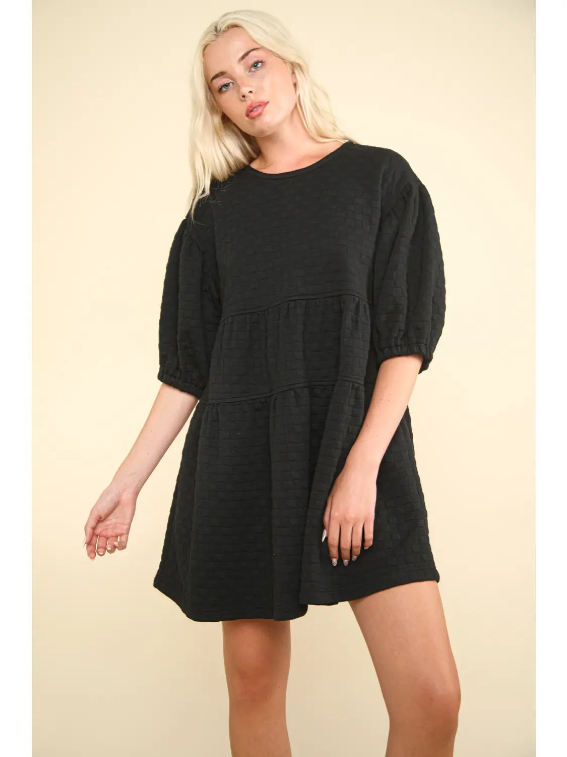 Very J- Quilted Knit A-Line Puff Sleeve Babydoll Mini Dress BLACK