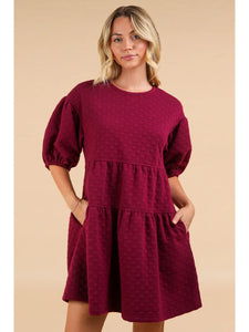 Very J-Quilted Knit A-Line Puff Sleeve Babydoll Mini Dress RASPBERRY