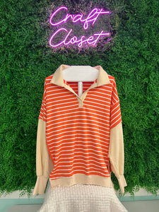 Barefoot Ladies #1363 Orange Stripe Color Block Loose Fit Collared Drop Shoulder Sweatshirt