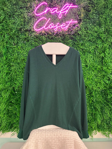 Barefoot Ladies #1382 Green Waffle V Neck Long Sleeve Drop Shoulder Loose