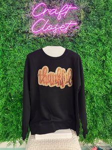 Barefoot Ladies Clothing #1429 Black Glittering Thankful Graphic Shoulder Sweatshirt