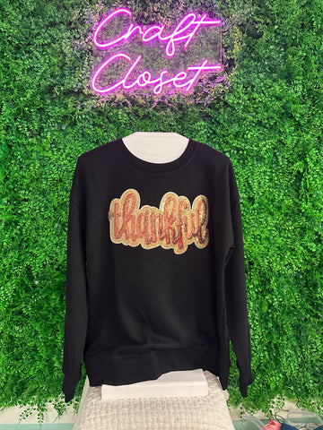 Barefoot Ladies Clothing #1429 Black Glittering Thankful Graphic Shoulder Sweatshirt