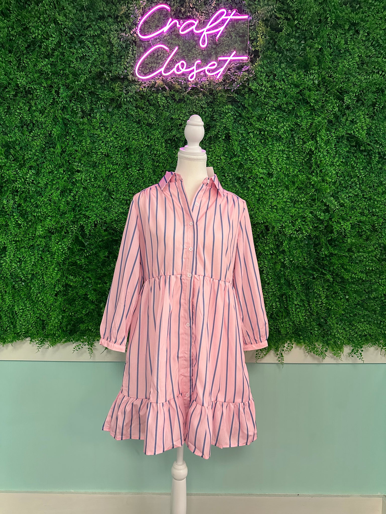 Barefoot Ladies Clothing #1418 Pink Stripe Ruffled Hem Button-up Collared Shirt Mini Dress