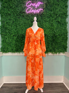 Barefoot Ladies Clothing #1408 Orange Boho Floral Bishop Sleeve V Neck Tiered Maxi Dress