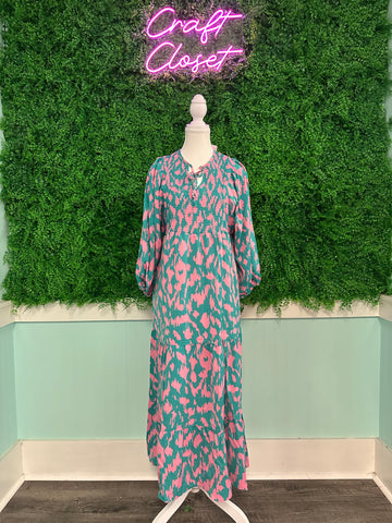 Barefoot Ladies Clothing #1401 Green Abstract Print Puff Sleeve Tied Notched Neck Long Dress