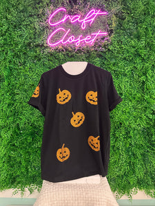 Barefoot Ladies Clothing #1432 Black Glittering Pumpkin Face Graphic Crewneck Halloween T-Shirt