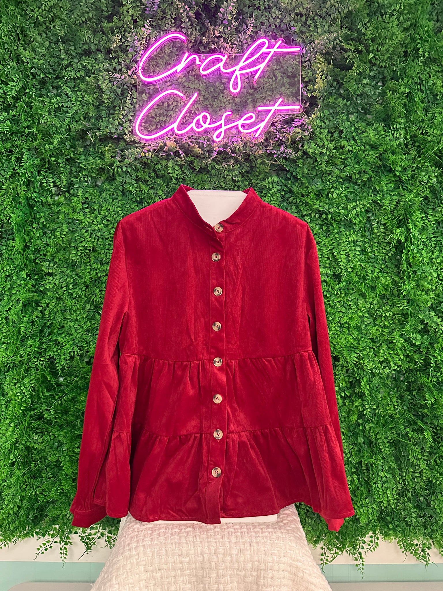 Barefoot Ladies Clothing #1404 Burgundy Corduroy Ruffle Tiered Buttoned O Neck Shirt