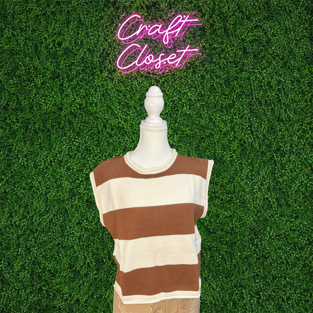ENTRO Striped Cap Sleeve Top In Mocha