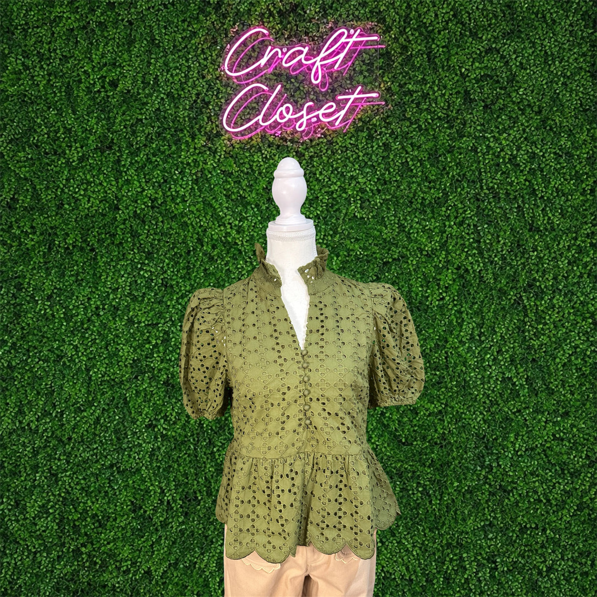 ENTRO Short Puff Sleeve Eyelet Top In Olive