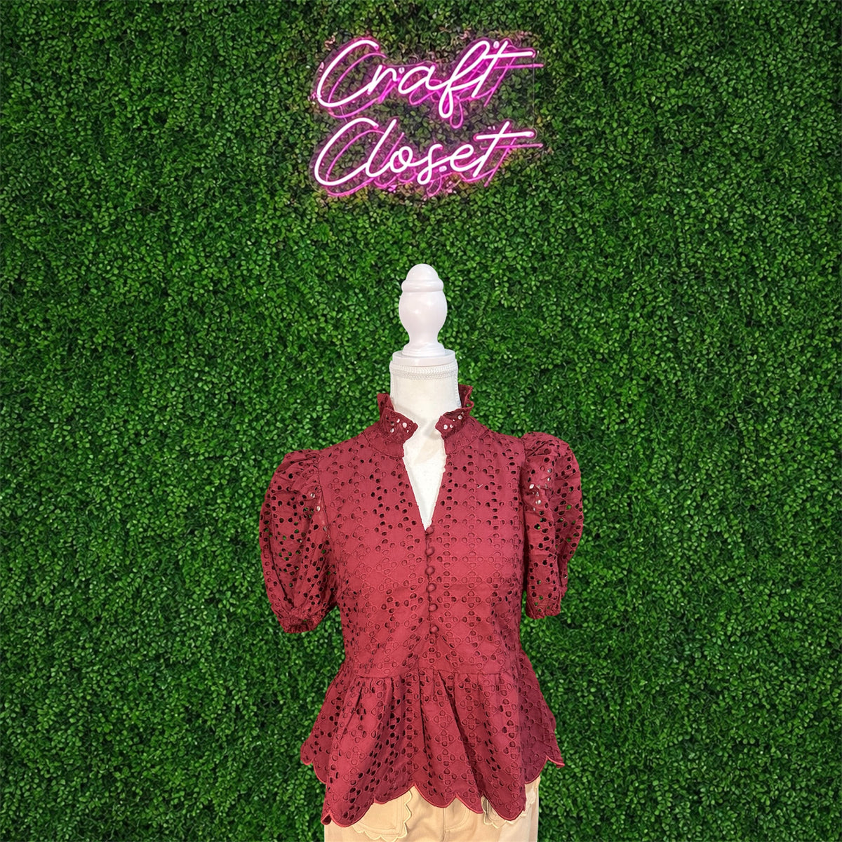 ENTRO Short Puff Sleeve Eyelet Top In Burgundy
