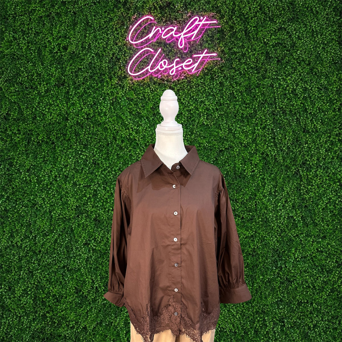 ENTRO Solid 3/4 Sleeve Top With Lace Trim In Brown PLUS Sizes