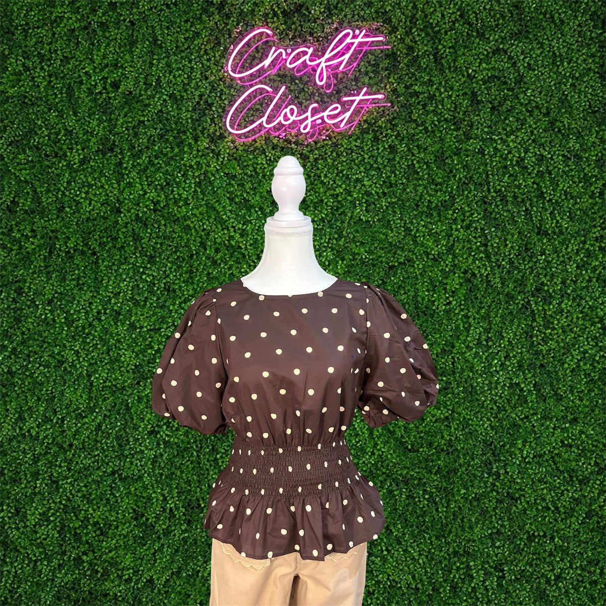 ENTRO Polka Dot Smocked Waist Peplum Top In Brown