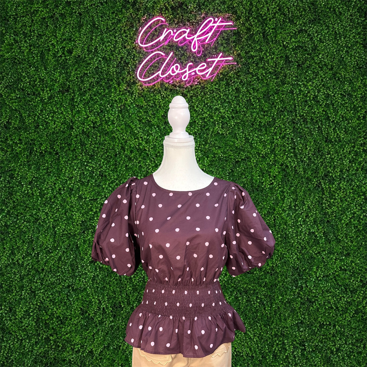 ENTRO Polka Dot Smocked Waist Peplum Top In Plum