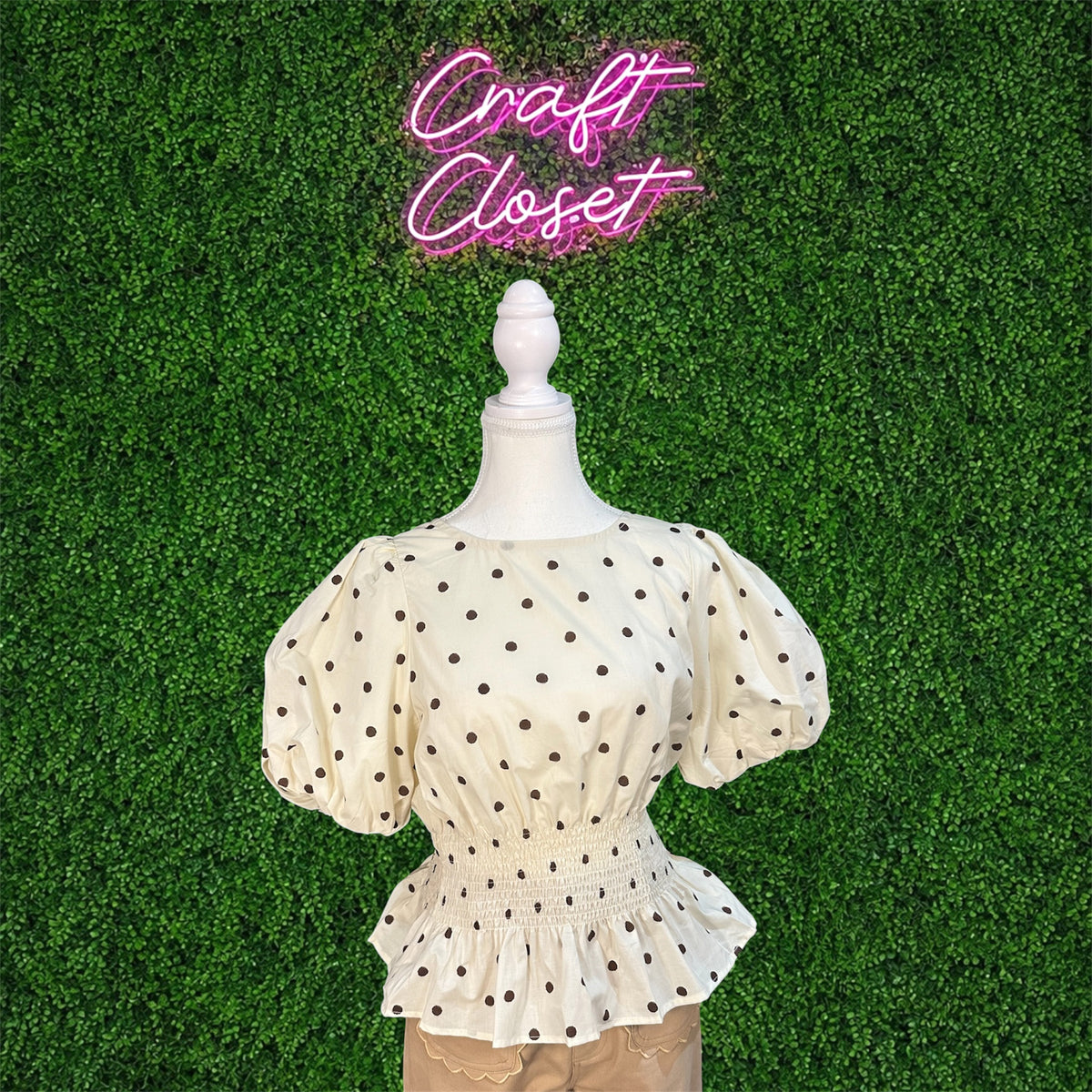 ENTRO Polka Dot Smocked Waist Peplum Top In Cream Brown