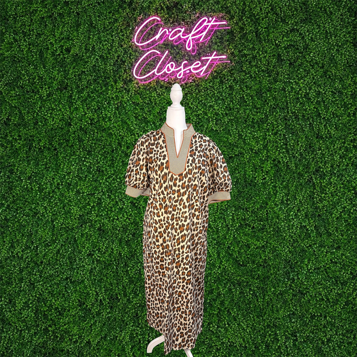 ENTRO Leopard Print Puff Sleeve Midi Dress In Ecru