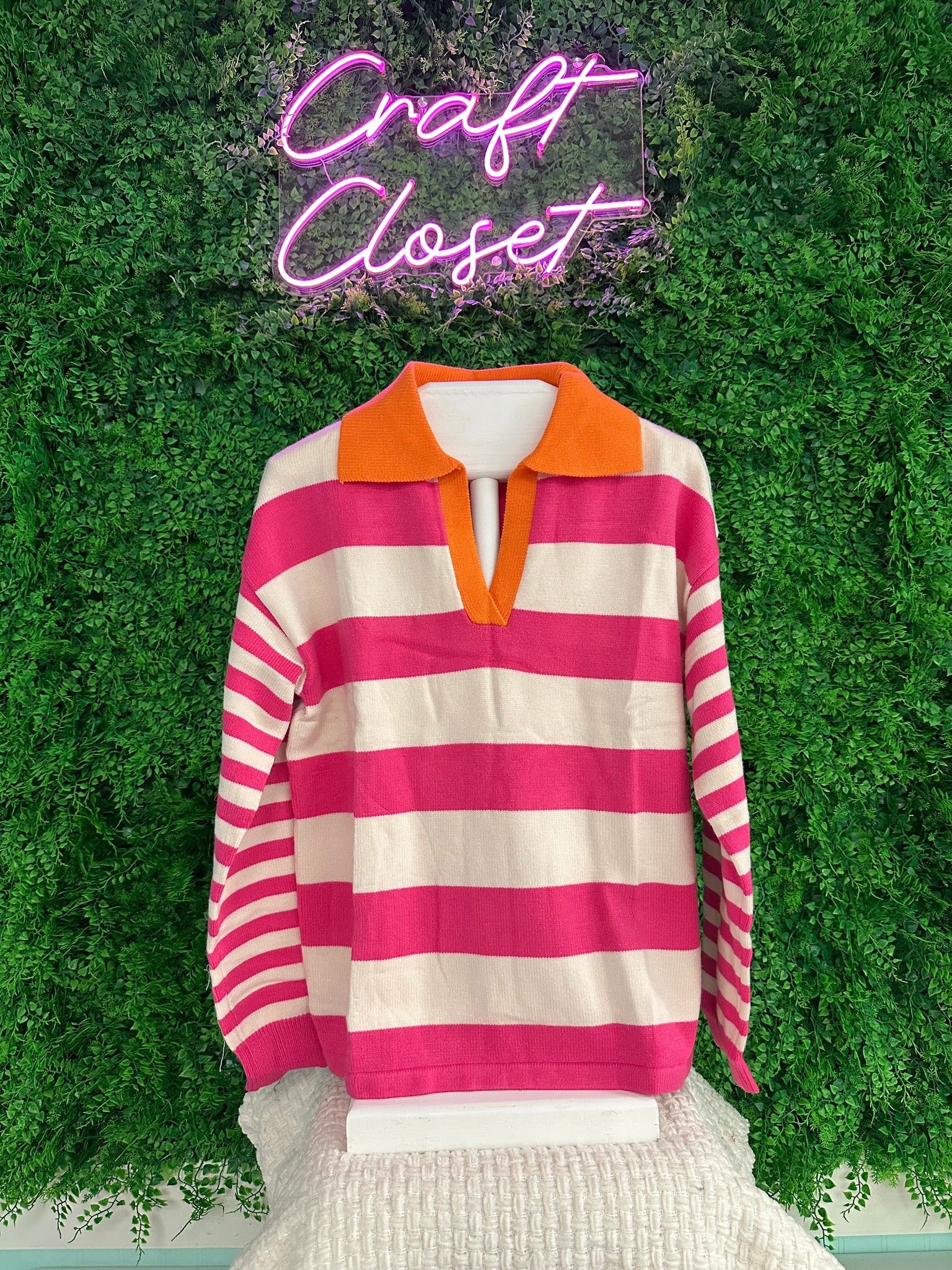 Barefoot Ladies #1440 Rose Stripe Color Block Collared V Neck Drop Shoulder Sweater