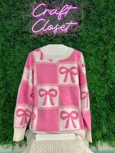 Barefoot Ladies #1443 Pink Bow Two Tone Checkered Crew Neck Sweater