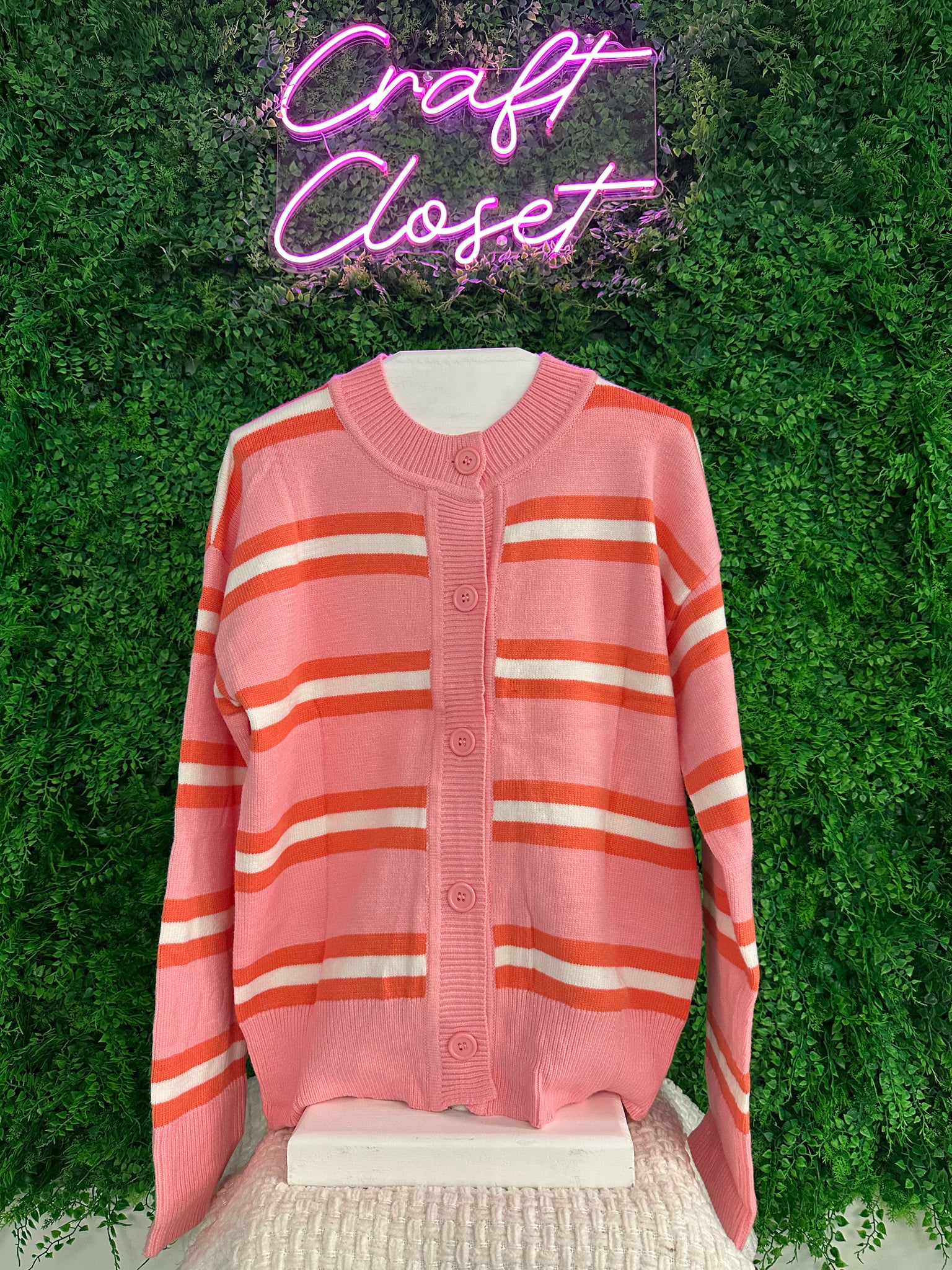 Barefoot Ladies #1436 Pink Stripe Drop Shoulder Buttons Cardigan Sweater