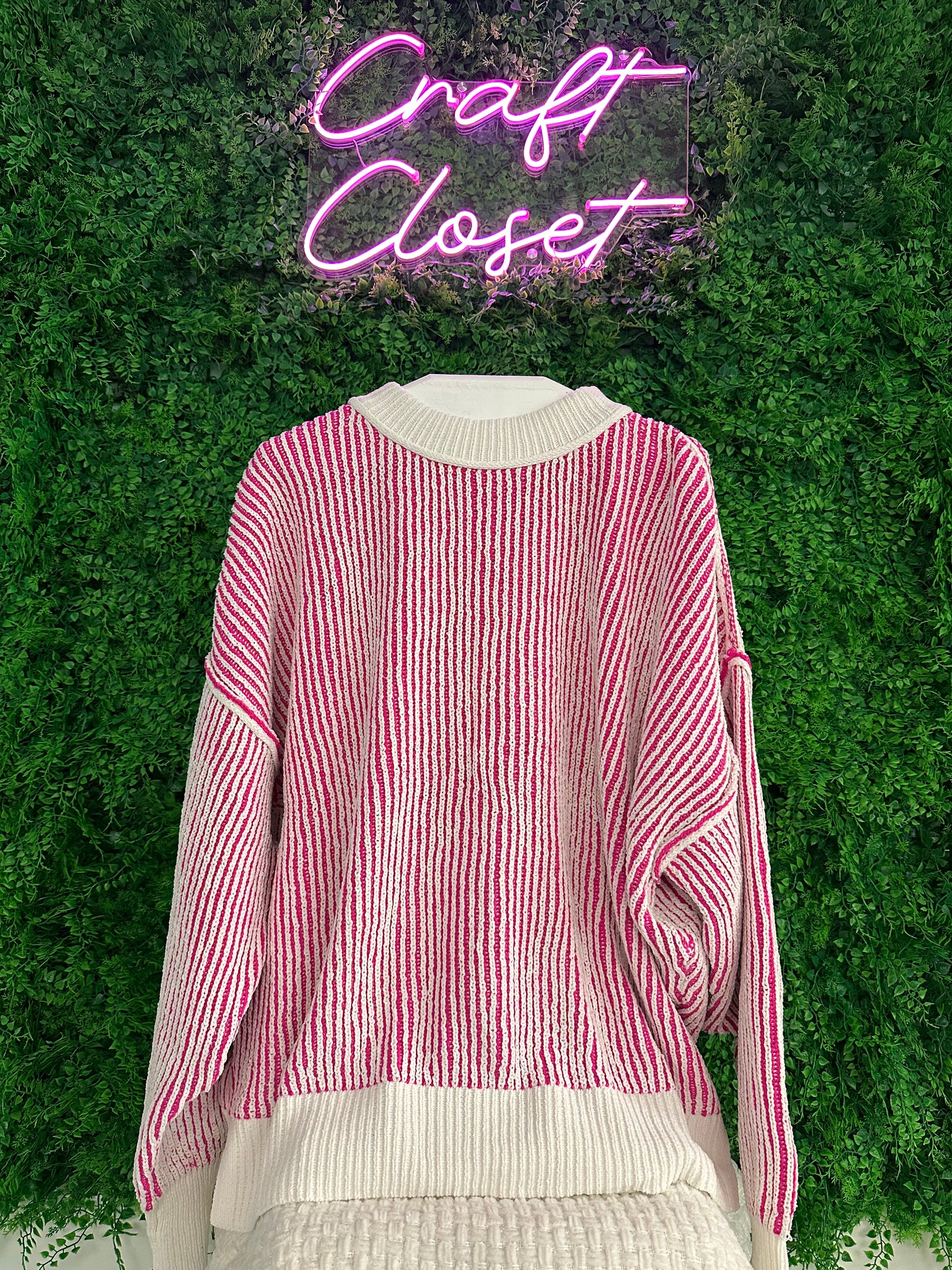 Barefoot Ladies Clothing #1427 Bright Pink Striped Textured Knit Contrast Edge Loose Sweater