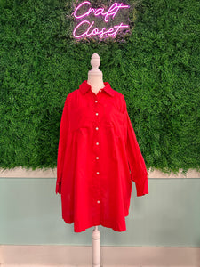 Barefoot Ladies Clothing #1437 Tomato Red Bishop Sleeve Button Up Pleated Mini Shirt Dress