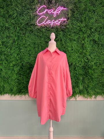 Barefoot Ladies #1451 Bright Pink Ballon Sleeve Button Up Mini Shirt Dress