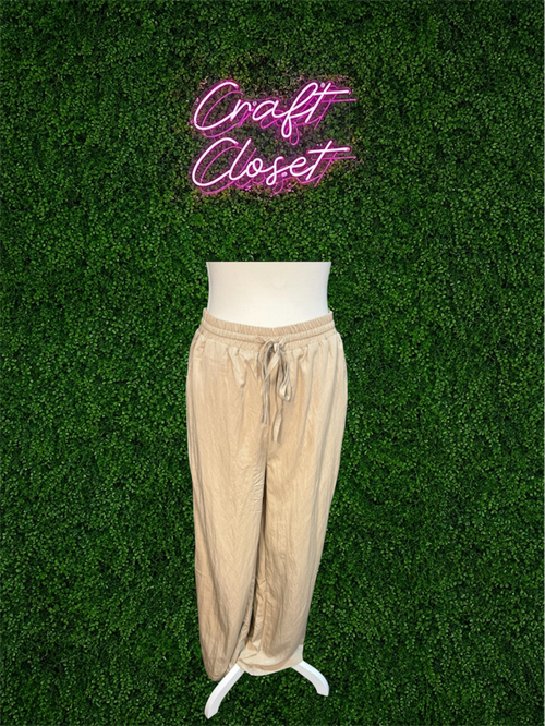 ENTRO Solid Drawstring Waist Linen Pant In Taupe