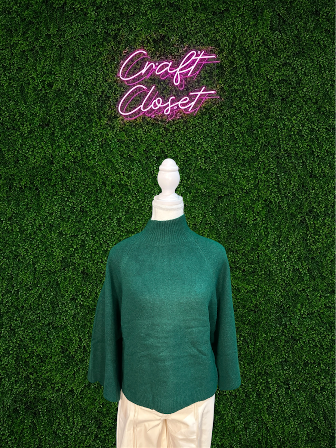 ENTRO Solid Wide Sleeve Mock Neck Top In Pine