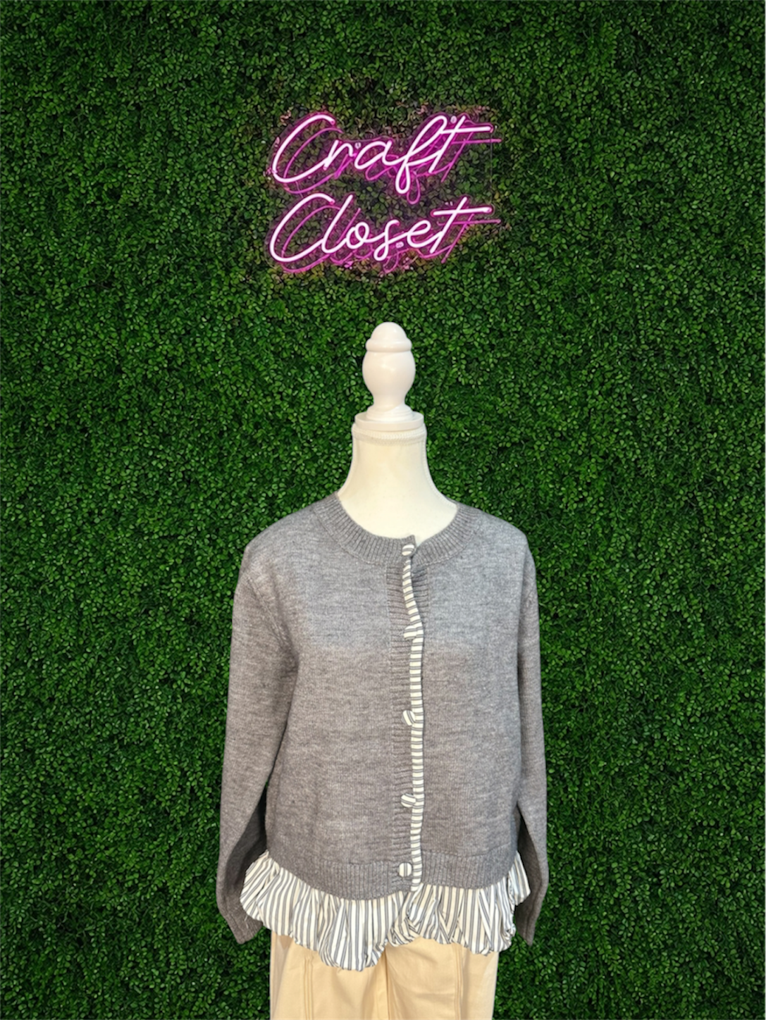 ENTRO Grey Button Up With Contrast Ruffle Trim