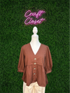 ENTRO Solid 3/4 Sleeve V Neck Top With Gold Button Detail In Cinnamon