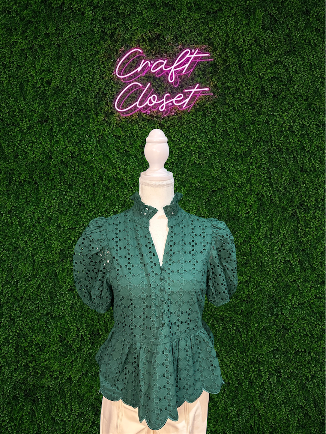 ENTRO Short Puff Sleeve Eyelet Top In Hunter Green