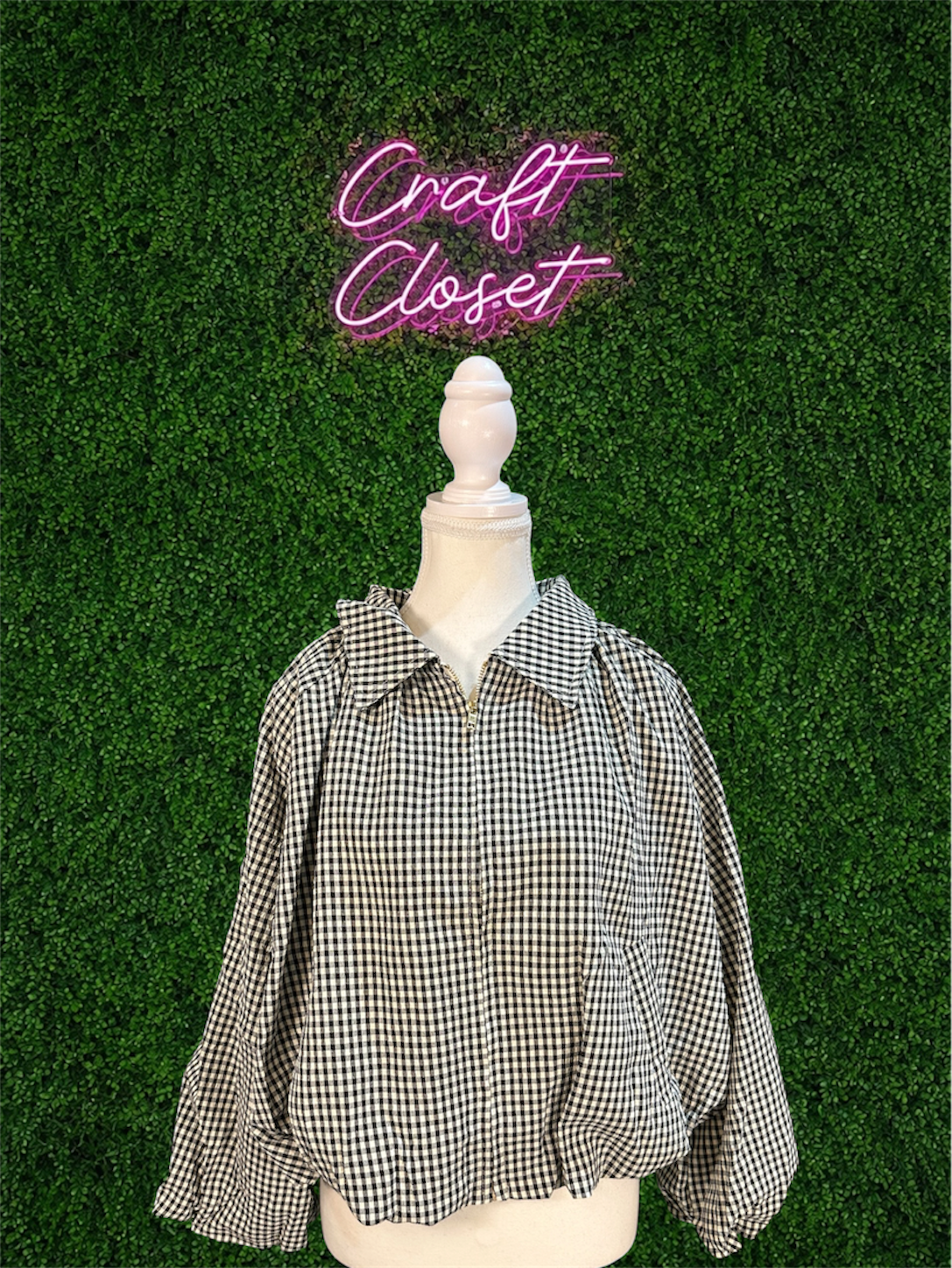 ENTRO Gingham Balloon Sleeve Jacket In Black