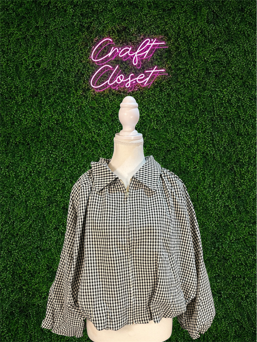 ENTRO Gingham Balloon Sleeve Jacket In Black